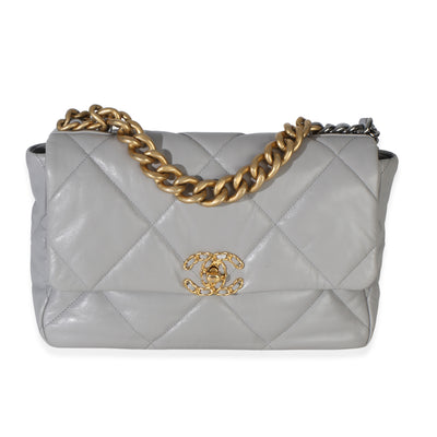 Chanel Grey Quilted Lambskin Large  19 Flap Bag Handbag fv