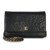 Chanel Black Camellia Lambskin Wallet on Chain Handbag fv