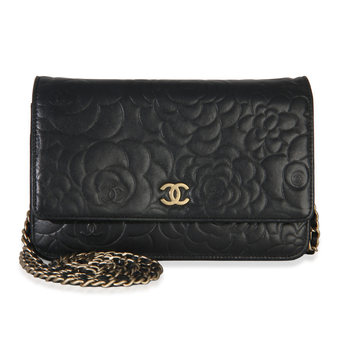 Chanel Black Camellia Lambskin Wallet on Chain Handbag fv