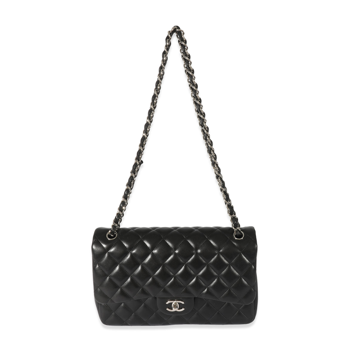Chanel Black Quilted Lambskin Jumbo Classic Double Flap Bag Handbag bv