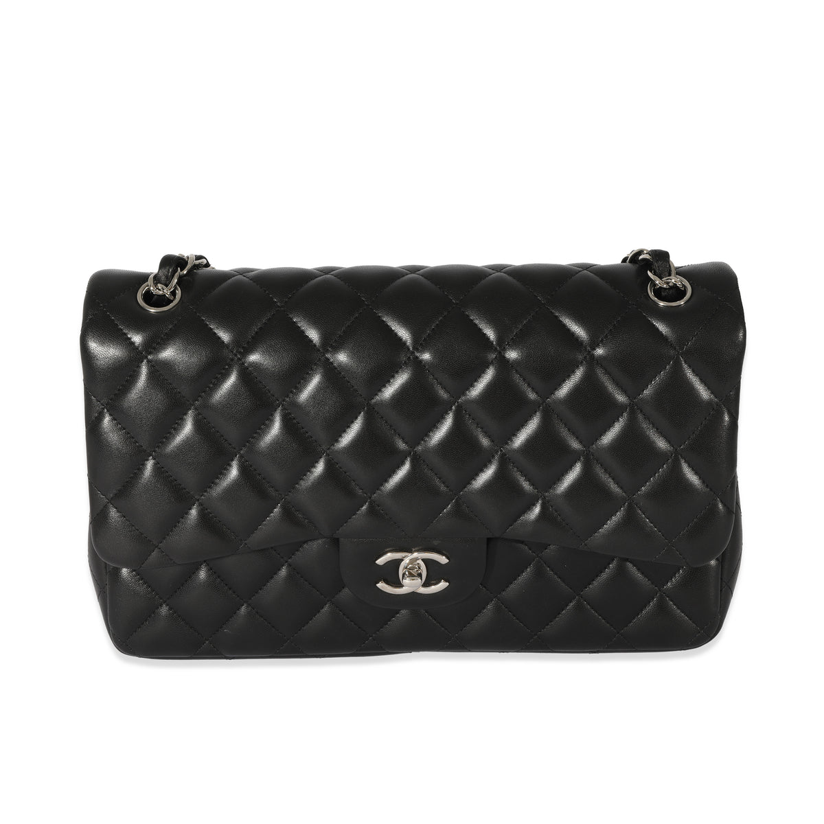 Chanel Black Quilted Lambskin Jumbo Classic Double Flap Bag Handbag fv