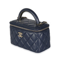 Chanel Navy Quilted Lambskin Top Handle Vanity Case With Chain Handbag sv