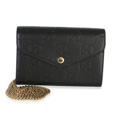 Gucci Black Calfskin GG Debossed Chain Wallet Handbag fv