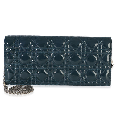Christian Dior Blue Patent Cannage Lady Dior Clutch With Chain Handbag fv