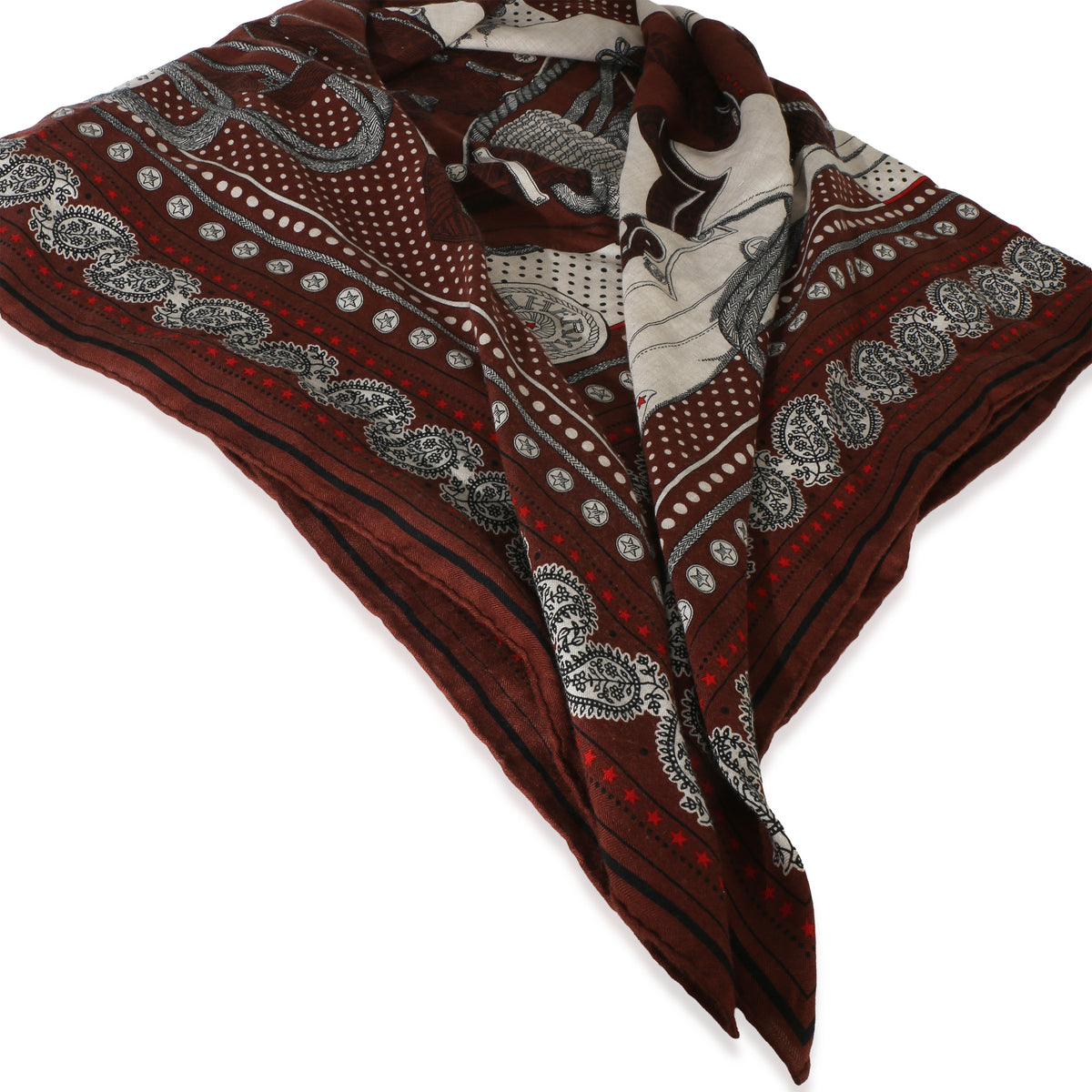 Hermès Marron Naturel Rouge Cashmere Silk Zouaves et Dragons Shawl 140 id