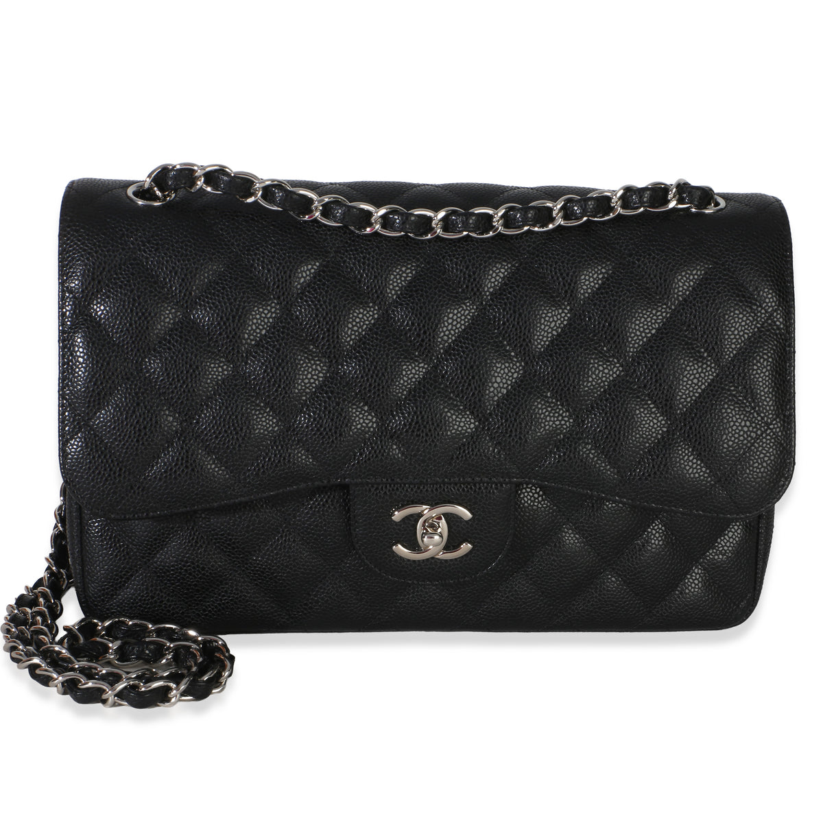 Chanel Black Quilted Caviar Jumbo Double Flap Handbag Handbag fv