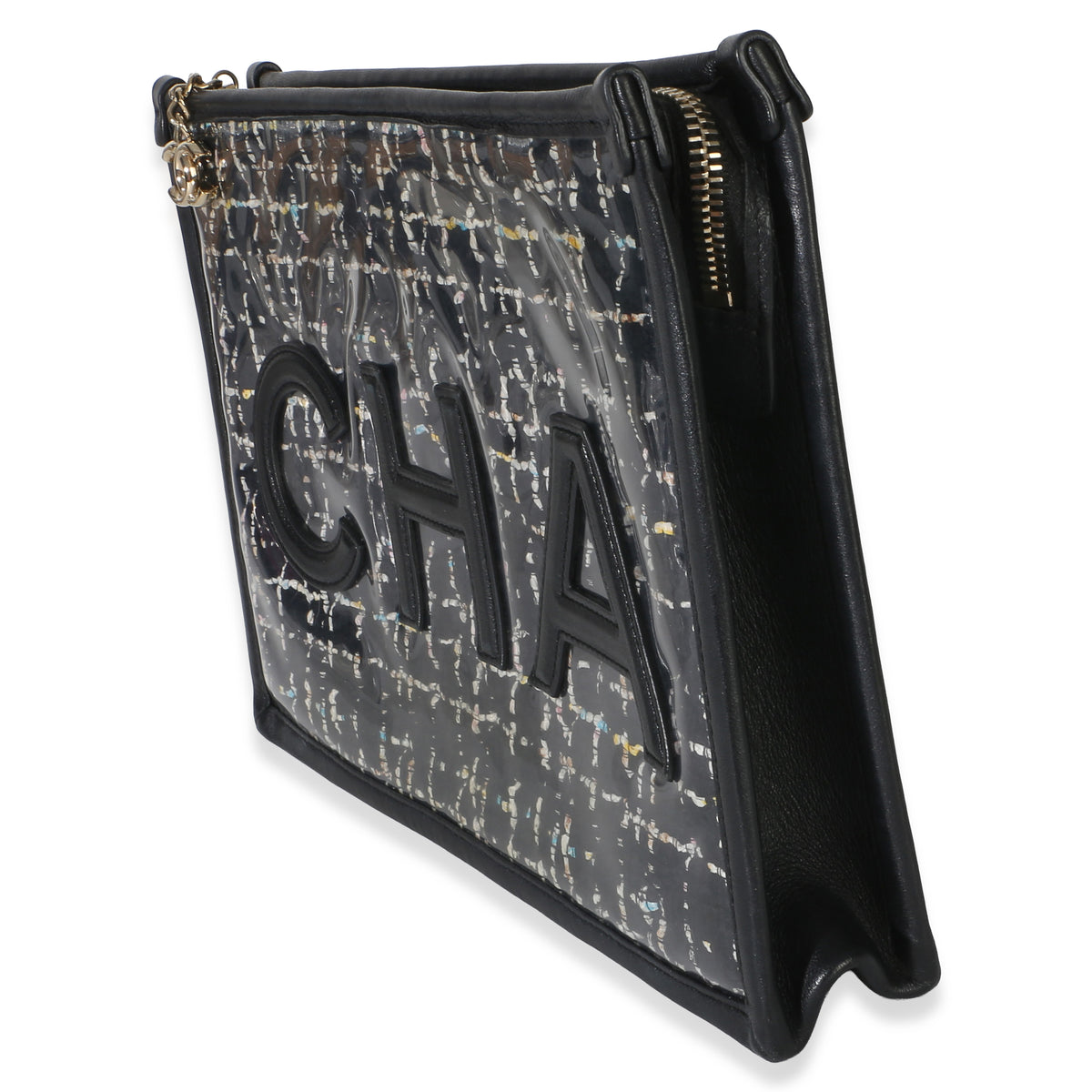 Chanel Black Tweed PVC Lambskin Logo Large Pouch Handbag 2