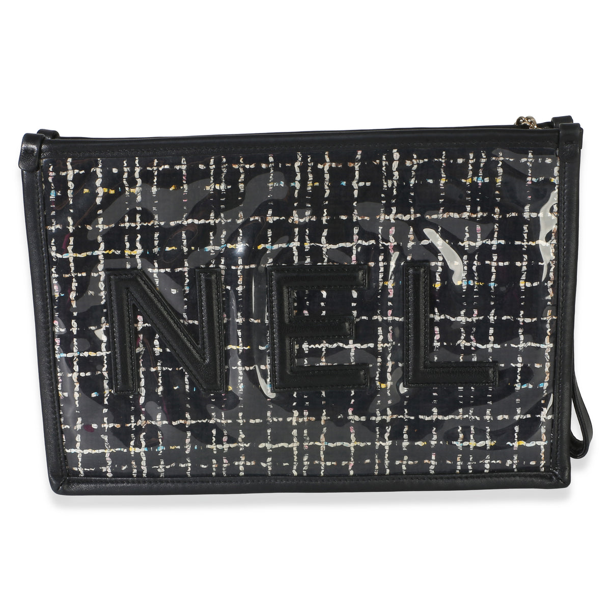 Chanel Black Tweed PVC Lambskin Logo Large Pouch Handbag 4