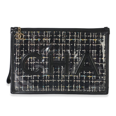 Chanel Black Tweed PVC Lambskin Logo Large Pouch Handbag fv