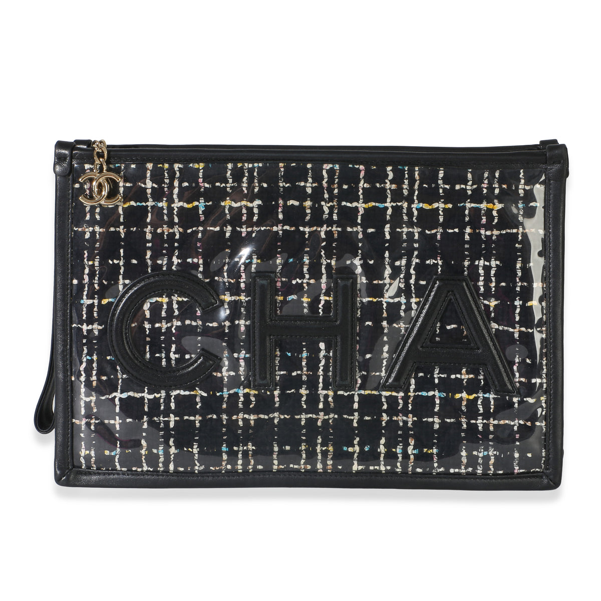 Chanel Black Tweed PVC Lambskin Logo Large Pouch Handbag fv