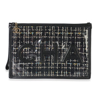 Chanel Black Tweed PVC Lambskin Logo Large Pouch Handbag fv