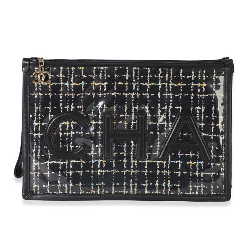 Chanel Black Tweed PVC Lambskin Logo Large Pouch Handbag fv