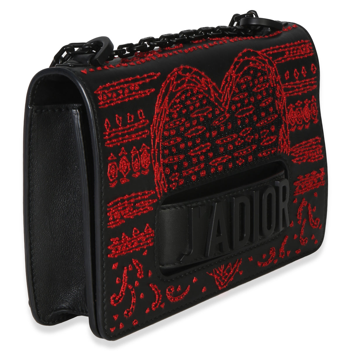 Christian Dior Black Red Embroidered Heart Clover Beaded J'Adior Chain Flap Bag Handbag 3