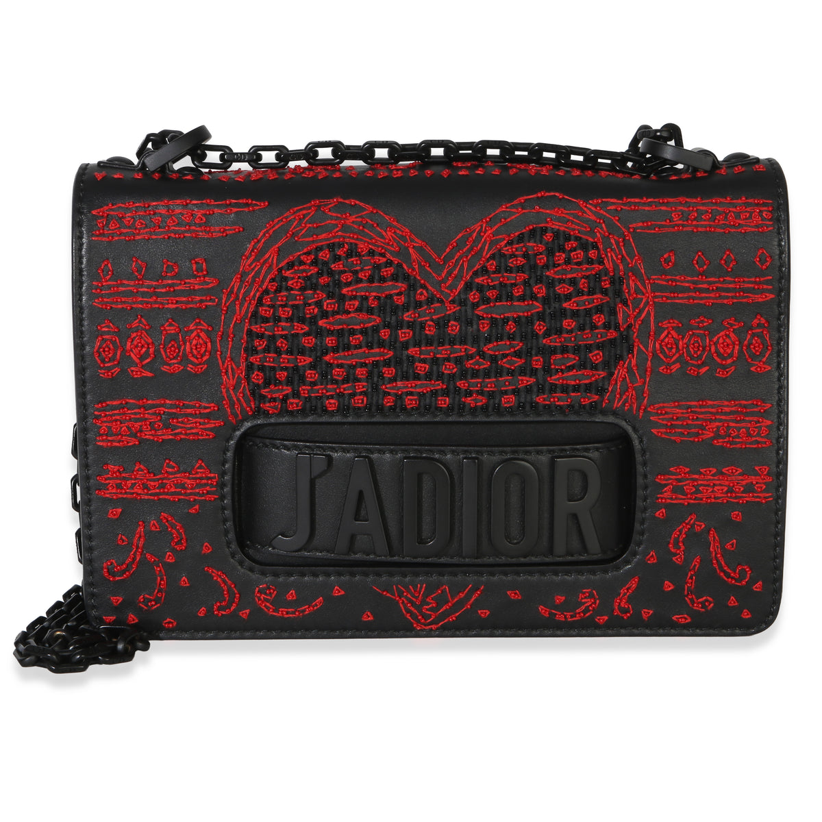 Christian Dior Black Red Embroidered Heart Clover Beaded J'Adior Chain Flap Bag Handbag fv