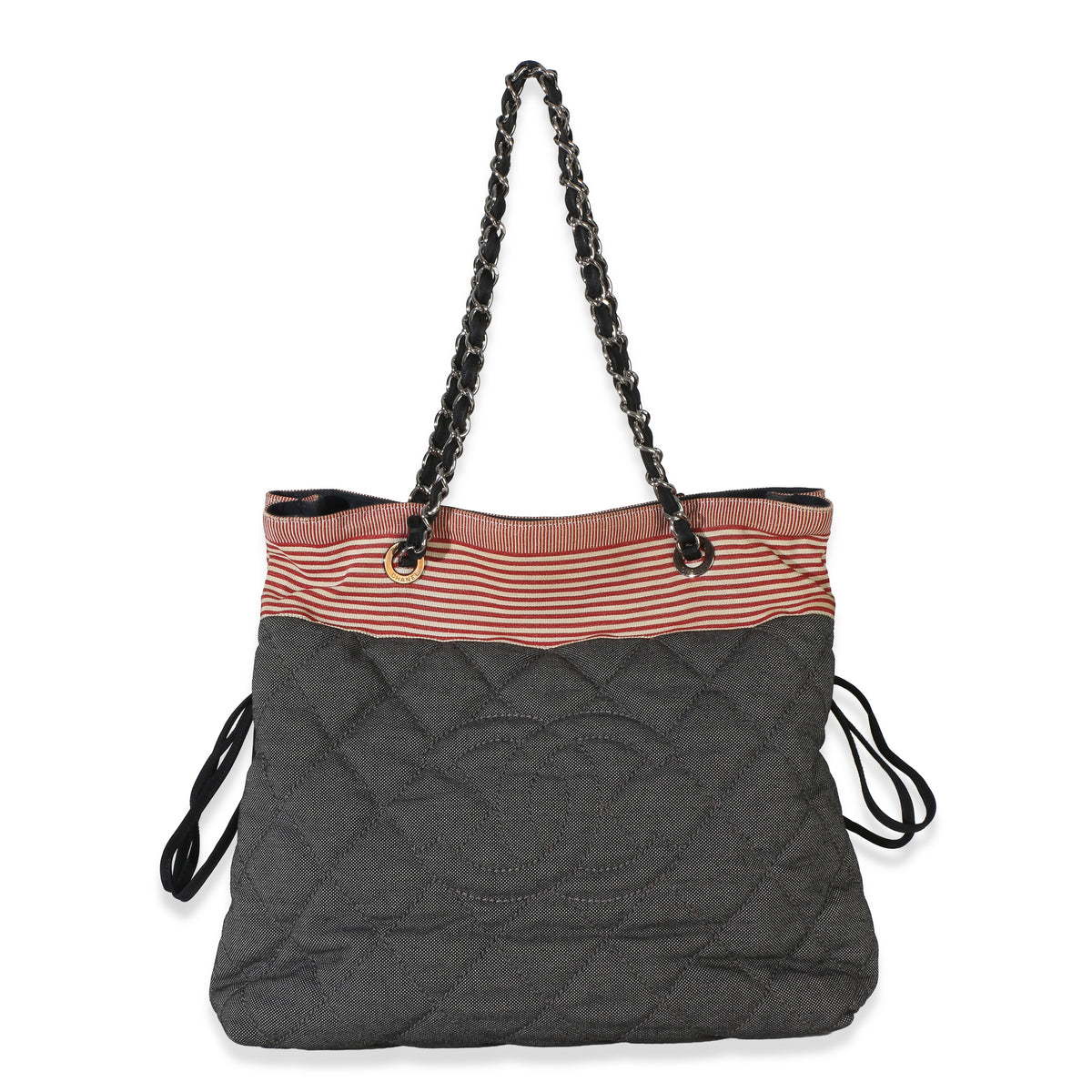 Chanel Navy Red Quilted Grosgrain Striped Denim Bon Bon Tote Handbag id
