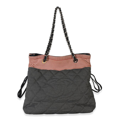 Chanel Navy Red Quilted Grosgrain Striped Denim Bon Bon Tote Handbag id