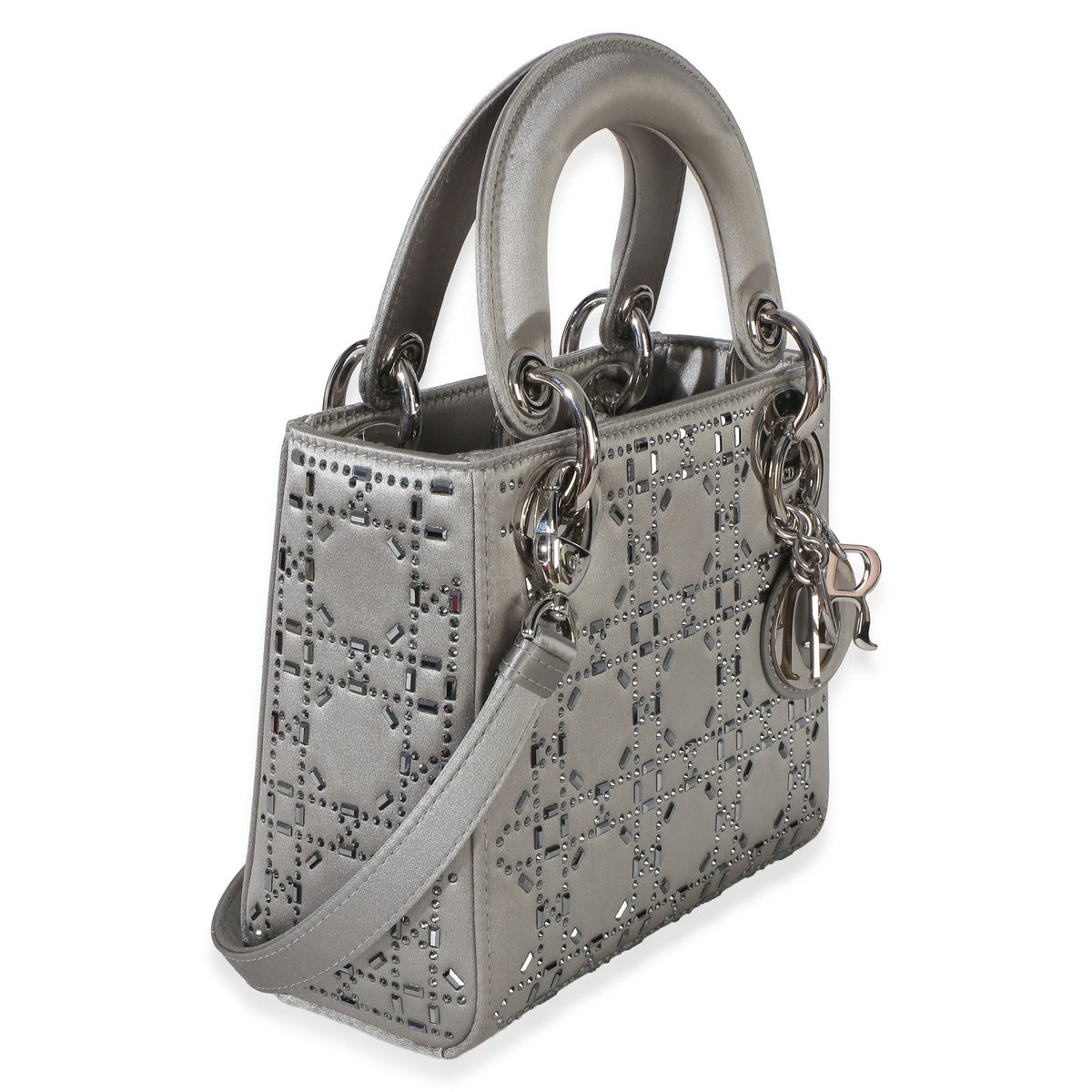Christian Dior Grey Satin Crystal Cannage Mini Lady Dior Bag Handbag 3