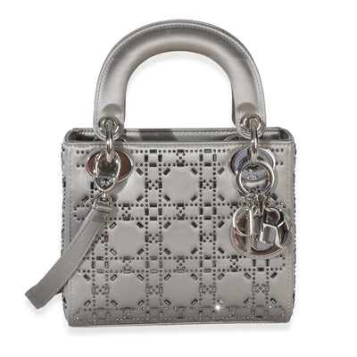 Christian Dior Grey Satin Crystal Cannage Mini Lady Dior Bag Handbag id