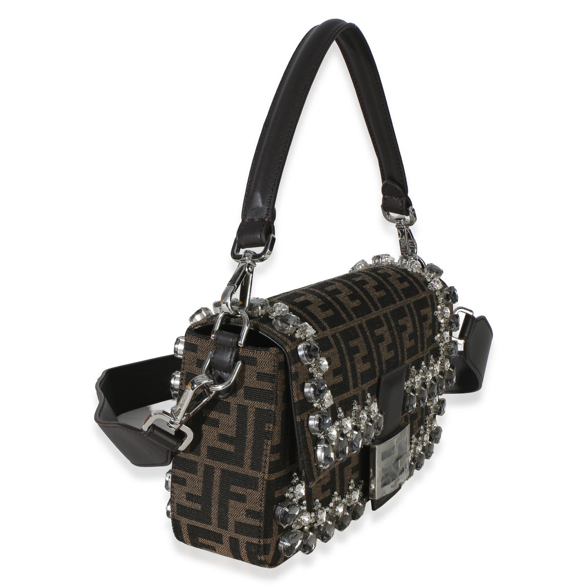 Fendi Brown FF Jacquard Strass Crystal Embellished Baguette Bag Handbag 3