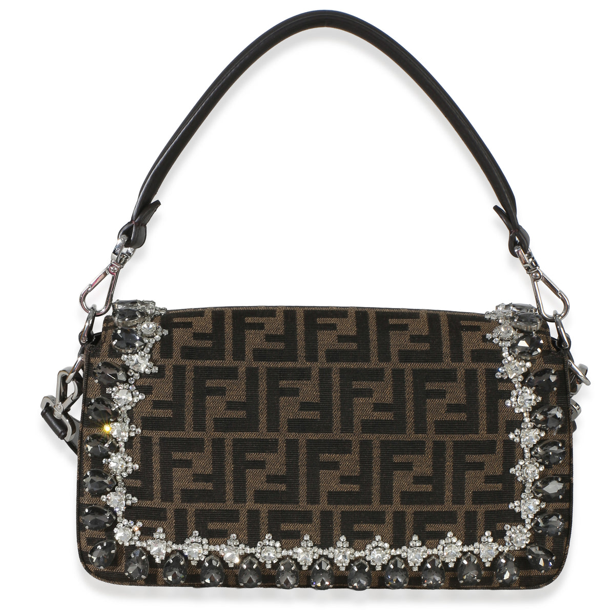 Fendi Brown FF Jacquard Strass Crystal Embellished Baguette Bag Handbag 4