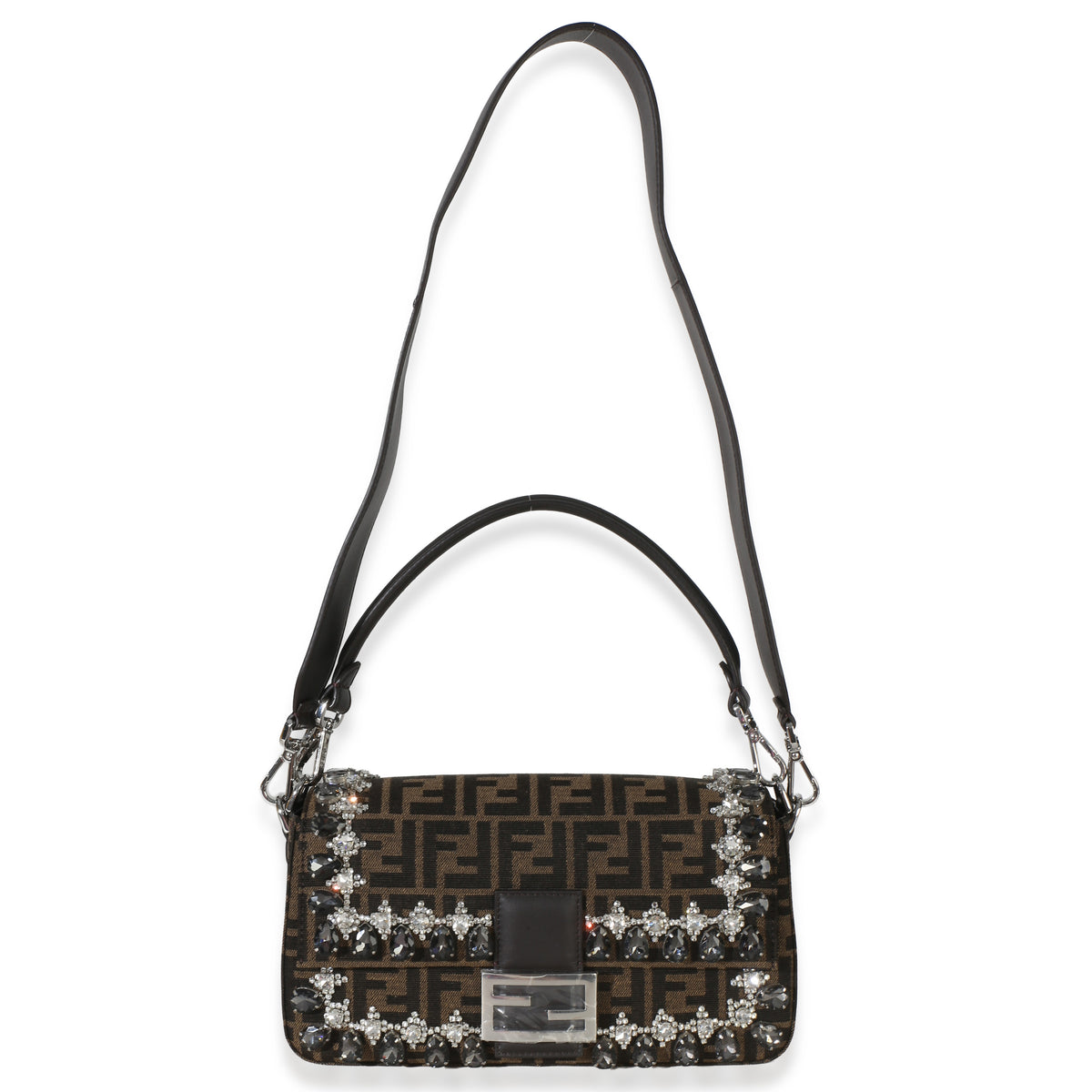 Fendi Brown FF Jacquard Strass Crystal Embellished Baguette Bag Handbag 5