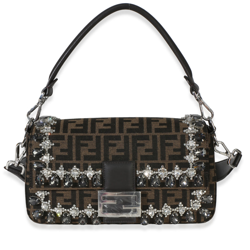 Fendi Brown FF Jacquard Strass Crystal Embellished Baguette Bag Handbag fv