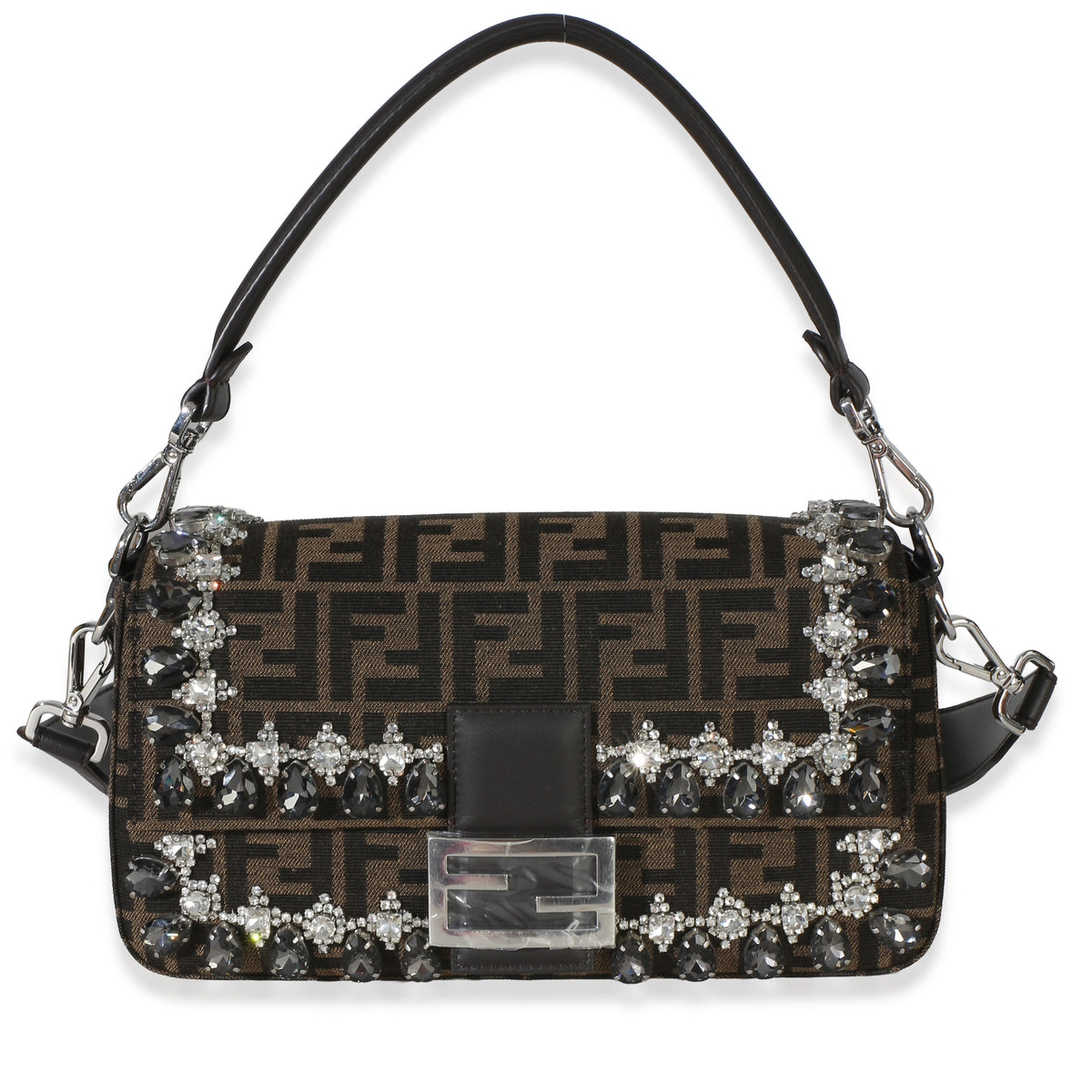 Fendi Brown FF Jacquard Strass Crystal Embellished Baguette Bag Handbag fv