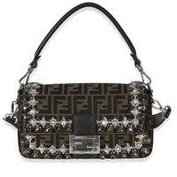 Fendi Brown FF Jacquard Strass Crystal Embellished Baguette Bag Handbag fv