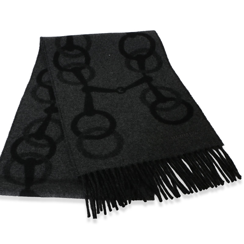Hermès Black Gris Any Mors Cashmere Muffler Scarf id