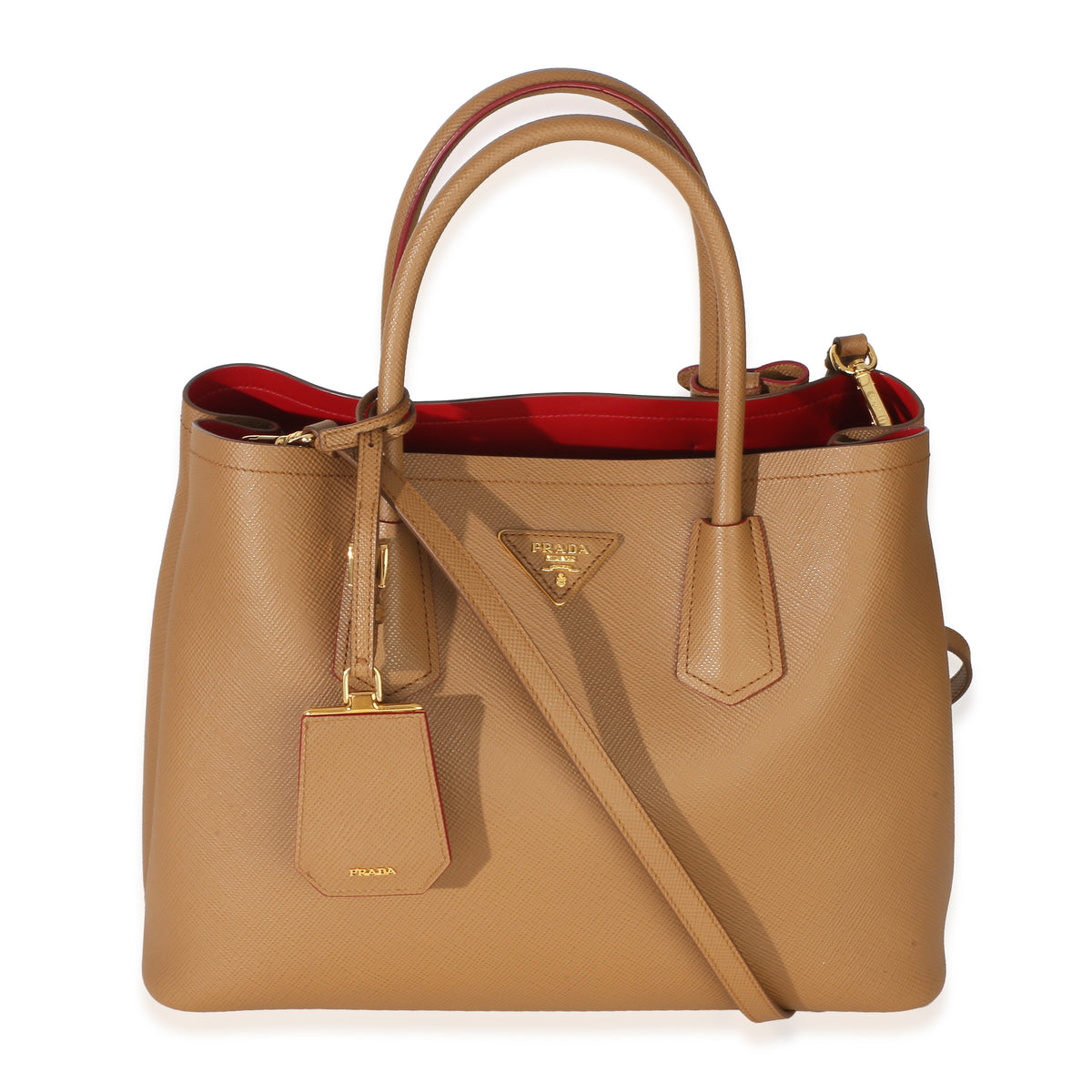 Prada Caramel Red Saffiano Medium Cuir Tote Handbag fv