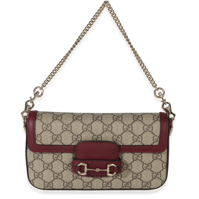 Gucci Red Calfskin GG Supreme Canvas Horsebit 1955 Small Soft Shoulder Bag Handbag id