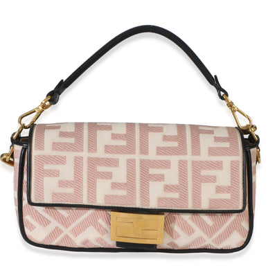 Fendi Pink Black FF Embroidery Canvas Medium Baguette Bag Handbag id