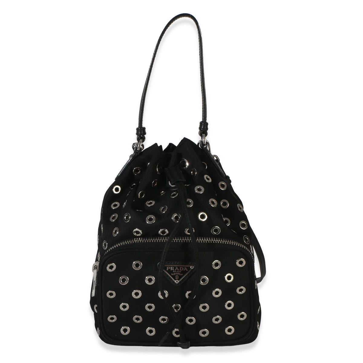 Prada Black Tessuto Nylon Saffiano Grommet Mini Bucket Bag Handbag id