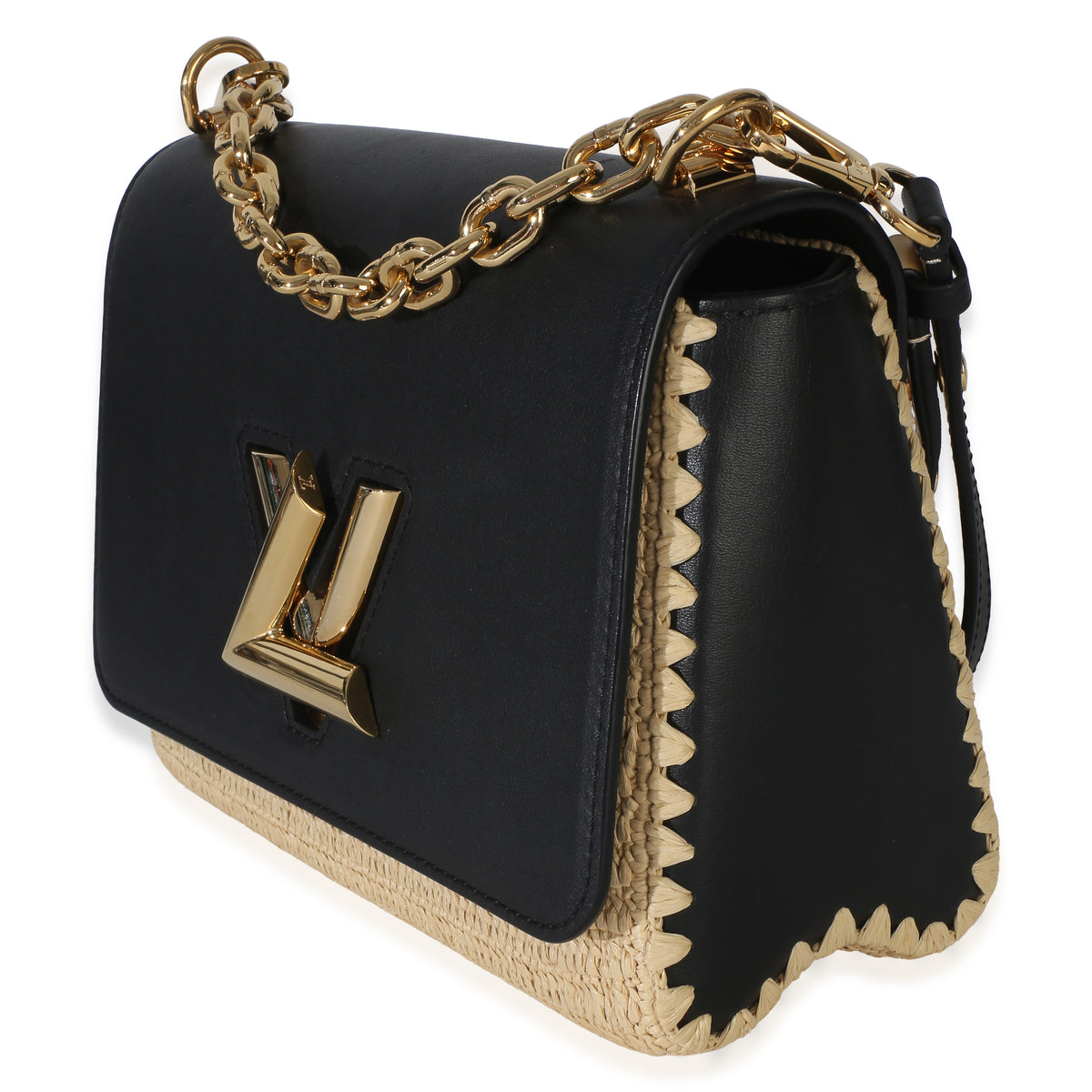 Louis Vuitton Black Calfskin Raffia Twist Shoulder Bag MM Handbag 2