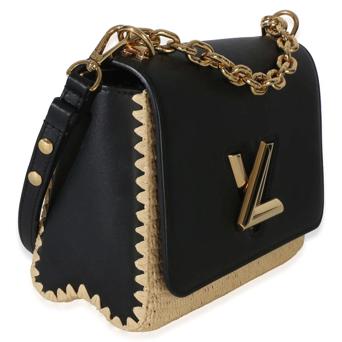 Louis Vuitton Black Calfskin Raffia Twist Shoulder Bag MM Handbag 3