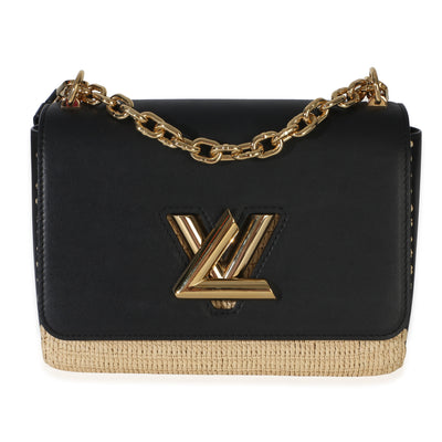 Louis Vuitton Black Calfskin Raffia Twist Shoulder Bag MM Handbag fv