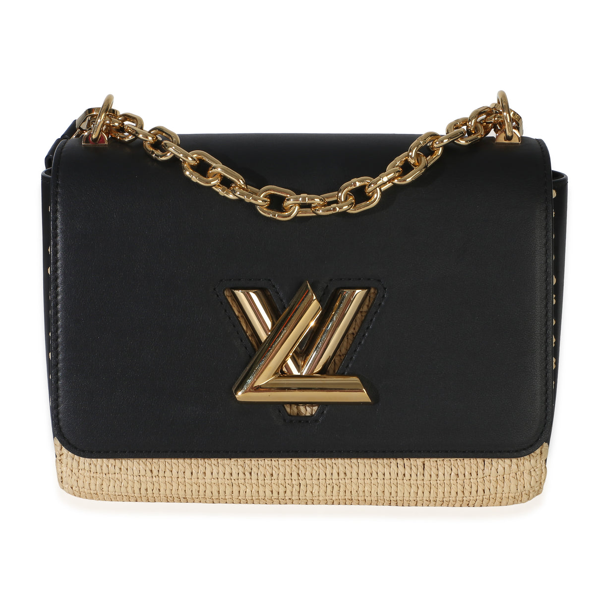Louis Vuitton Black Calfskin Raffia Twist Shoulder Bag MM Handbag fv