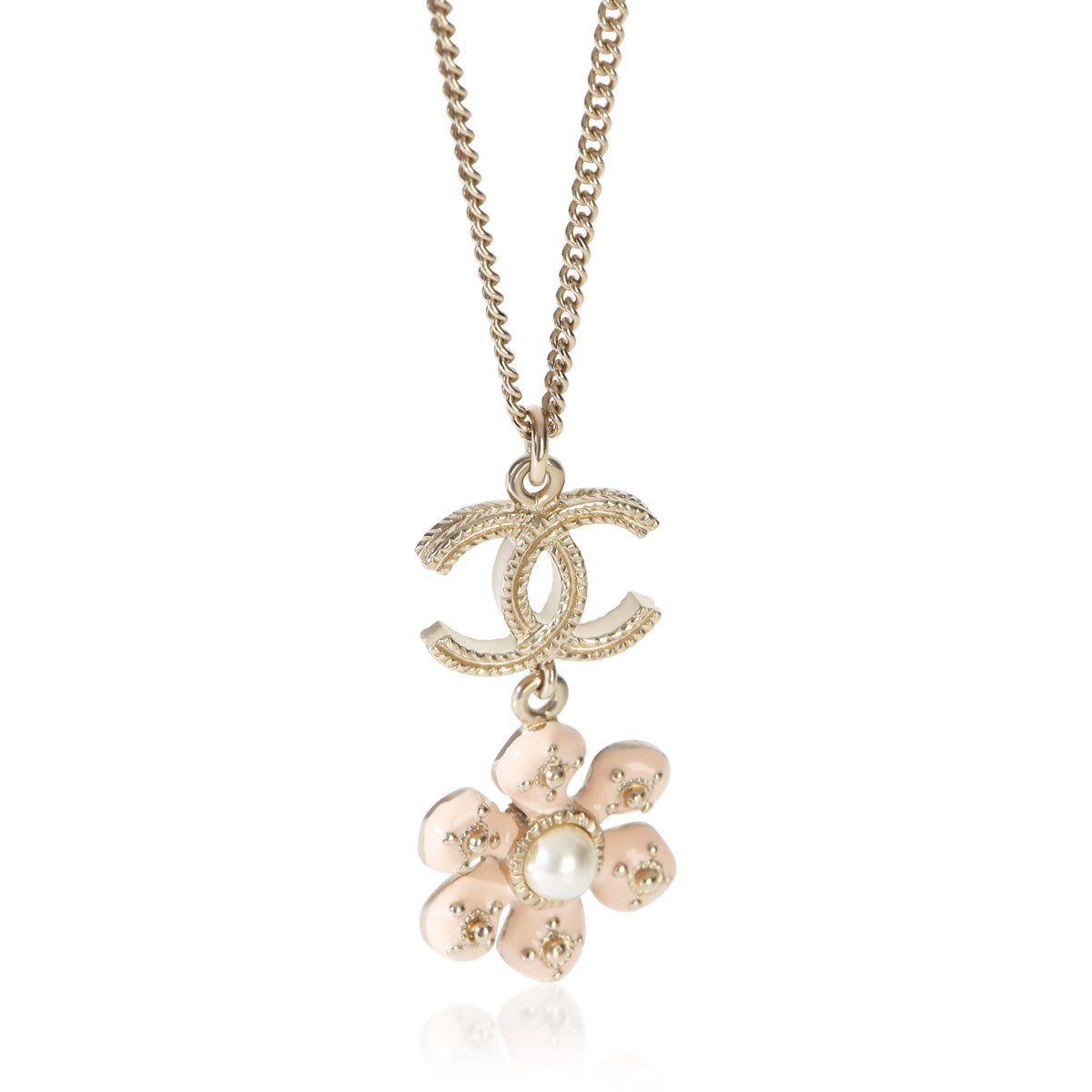 Chanel Gold Plated  2018 Pink Enamel Flower CC Pendant fv