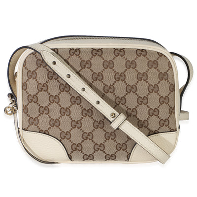 Gucci Cream Dollar Calfskin Beige GG Canvas Bree Mini Messenger Bag Handbag fv
