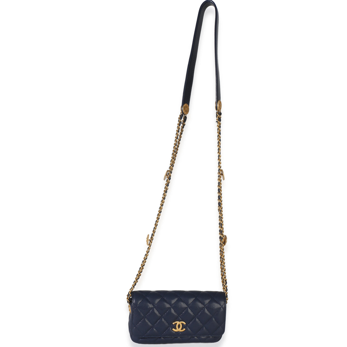 Chanel Navy Quilted Caviar Twist Your Buttons Phone Holder With Chain Handbag 8