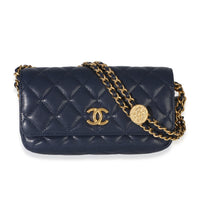 Chanel Navy Quilted Caviar Twist Your Buttons Phone Holder With Chain Handbag fv