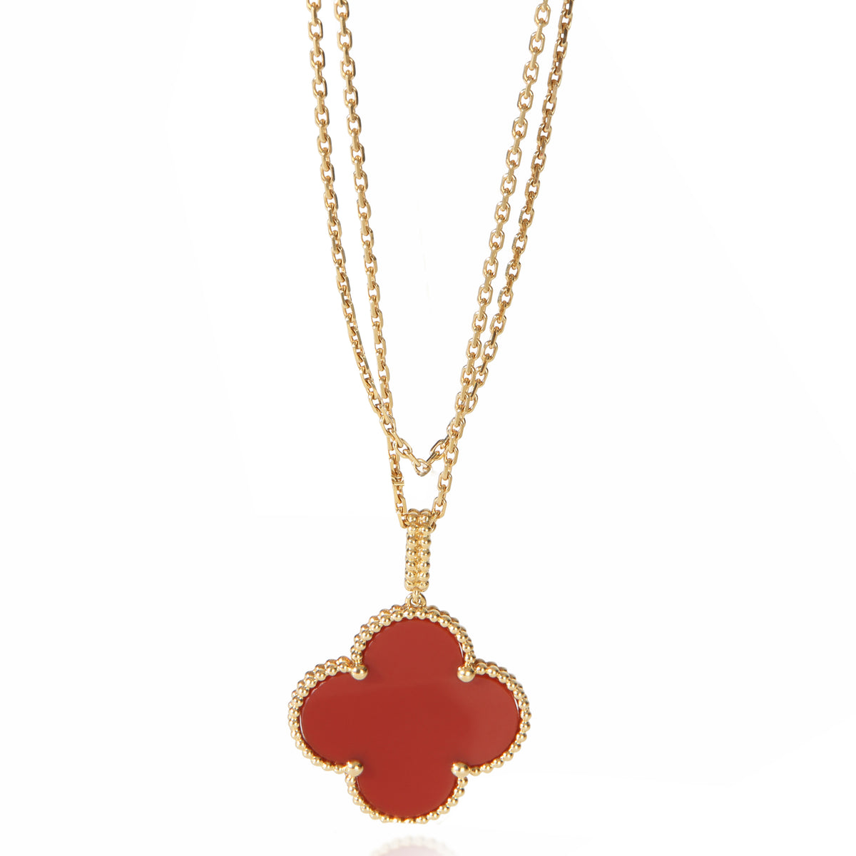 Van Cleef & Arpels Yellow Gold Carnelian Magic Alhambra Necklace fv