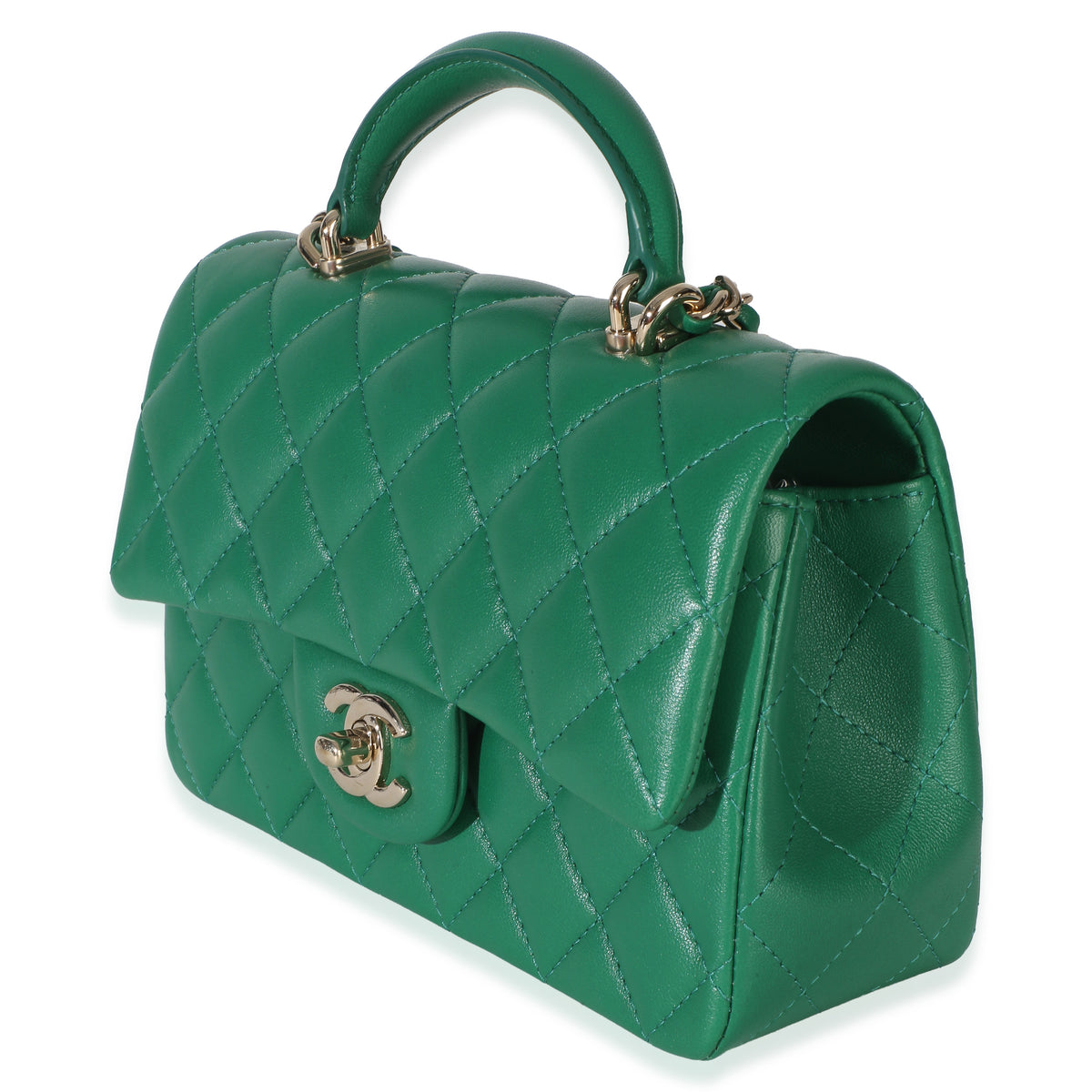 Chanel Green Quilted Lambskin Mini Top Handle Rectangular Flap Bag Handbag 2