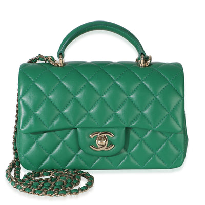 Chanel Green Quilted Lambskin Mini Top Handle Rectangular Flap Bag Handbag fv