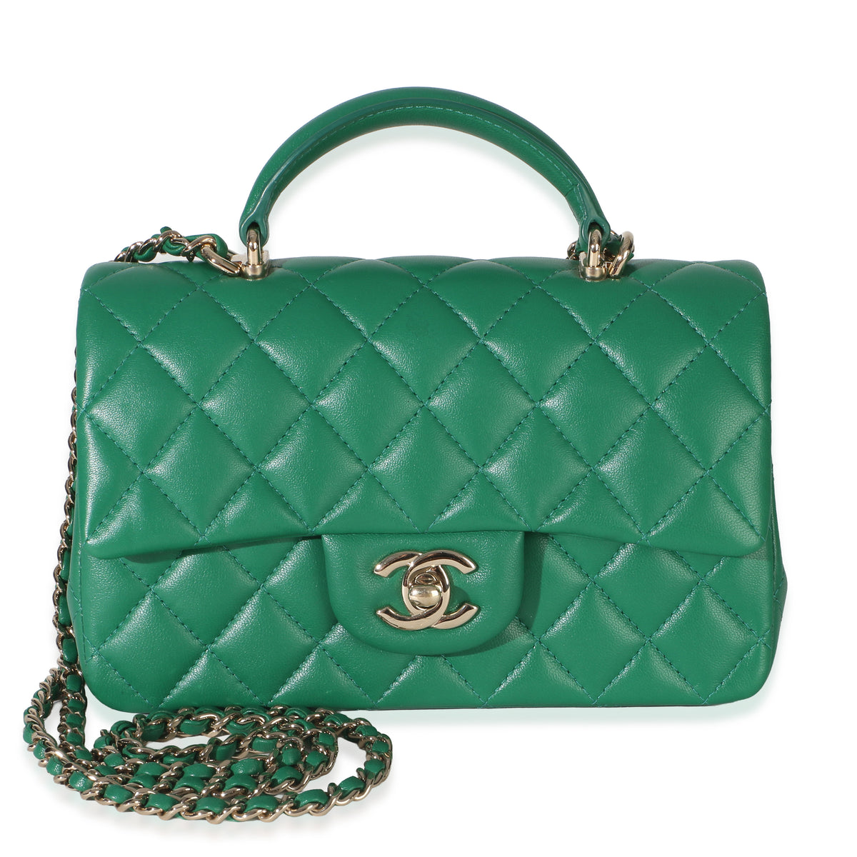 Chanel Green Quilted Lambskin Mini Top Handle Rectangular Flap Bag Handbag fv
