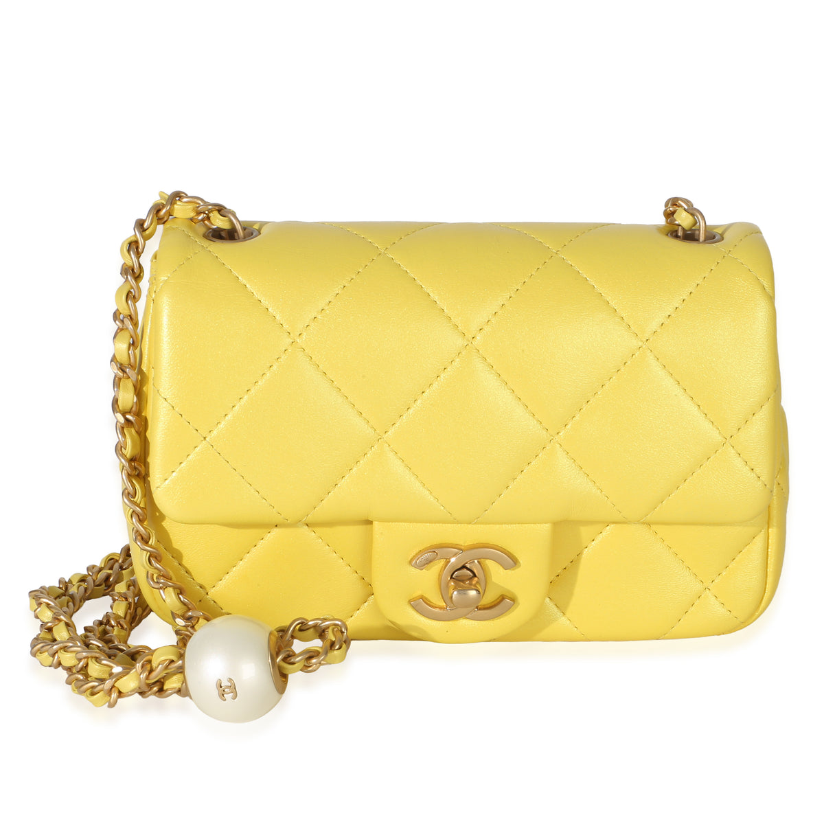 Chanel Yellow Iridescent Quilted Lambskin Pearl Chain Mini Rectangular Flap Bag Handbag id