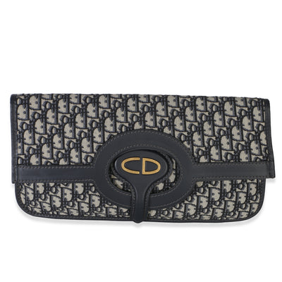 Christian Dior Navy Oblique Canvas Fold Over Clutch Handbag fv