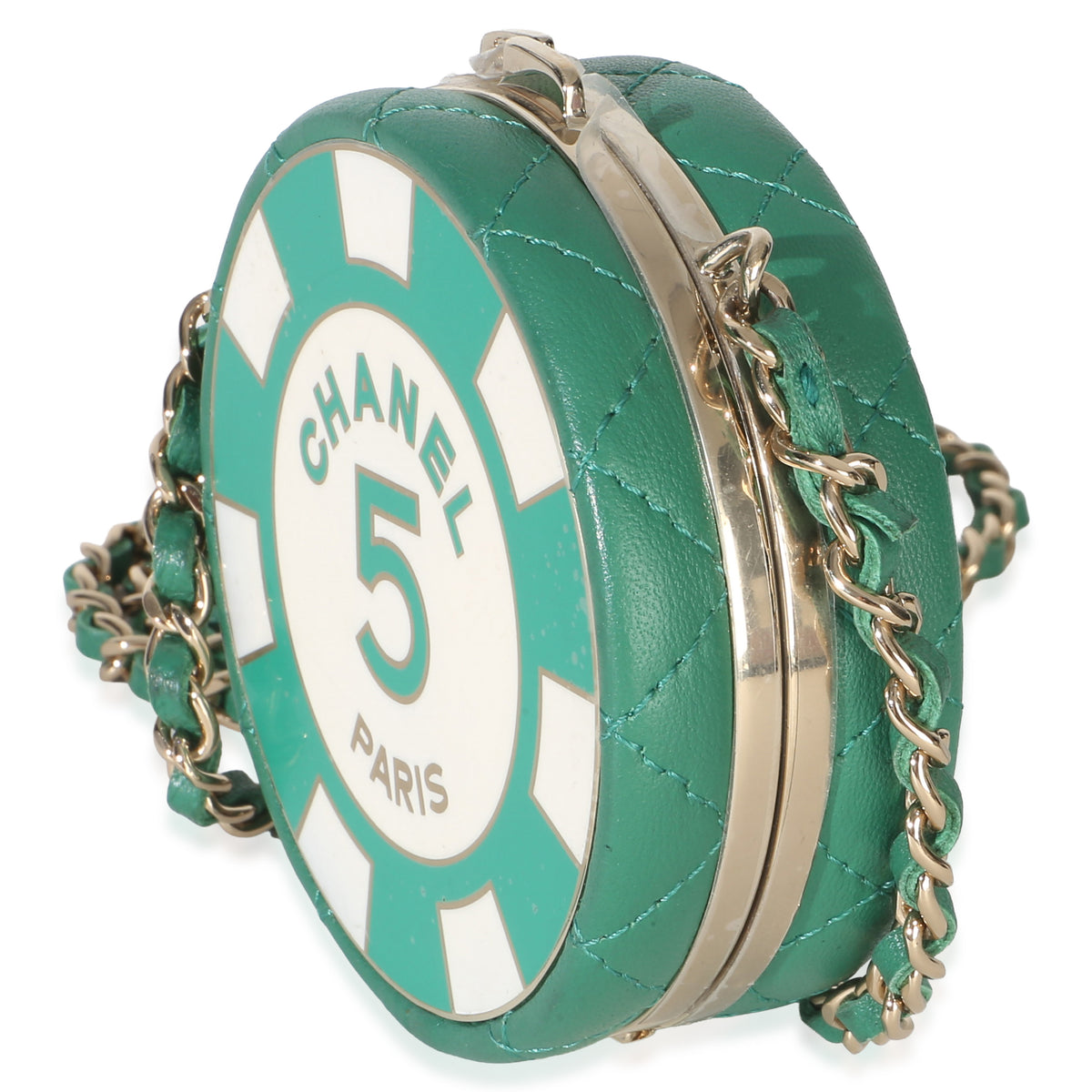 Chanel Green White Quilted Lambskin Enamel Round Poker Chip Clutch With Chain Handbag 2