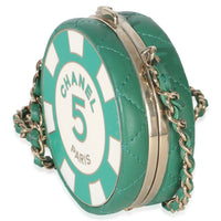 Chanel Green White Quilted Lambskin Enamel Round Poker Chip Clutch With Chain Handbag 2