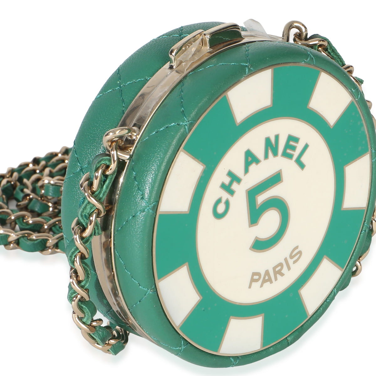 Chanel Green White Quilted Lambskin Enamel Round Poker Chip Clutch With Chain Handbag 3